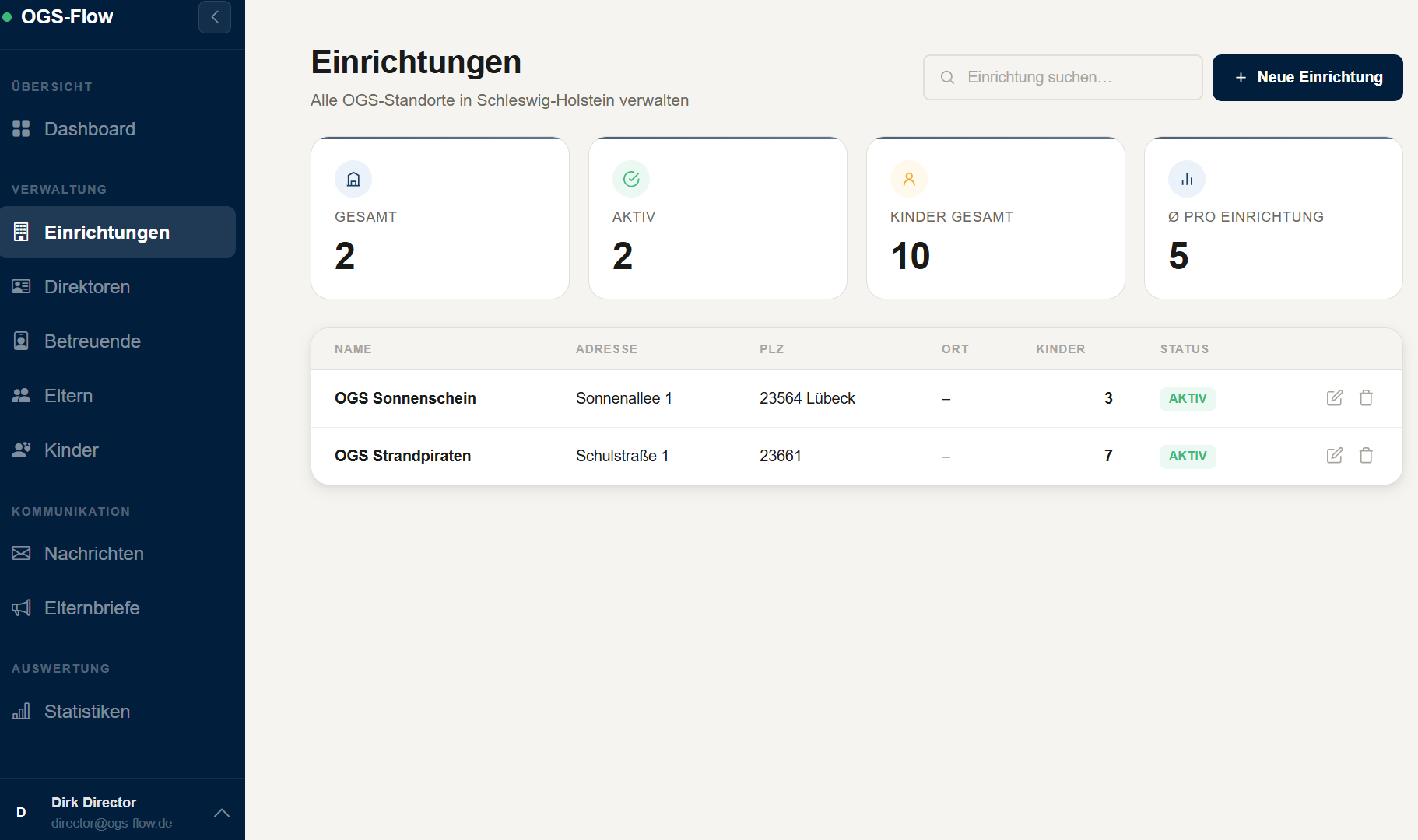 OGS-Flow — Einrichtungen verwalten: Liste der OGS-Standorte mit Kinderzahl und Status